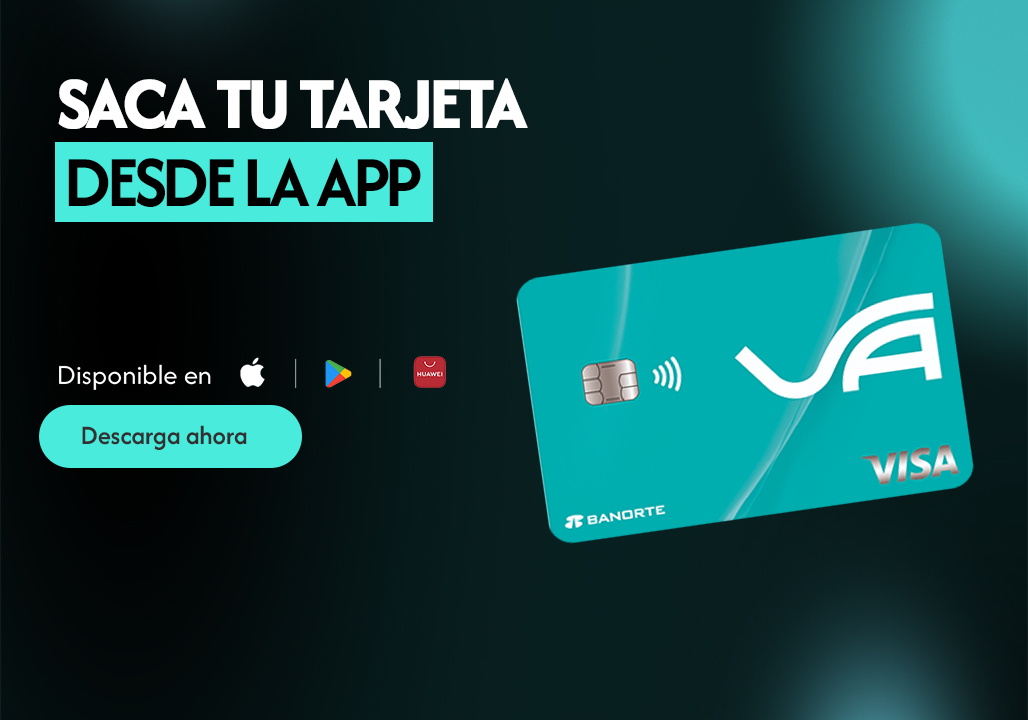 Texto saca tu tarjeta, texto desde la app, texto descarga ahora, logo Apple, logo Playstore, tarjeta, crédito