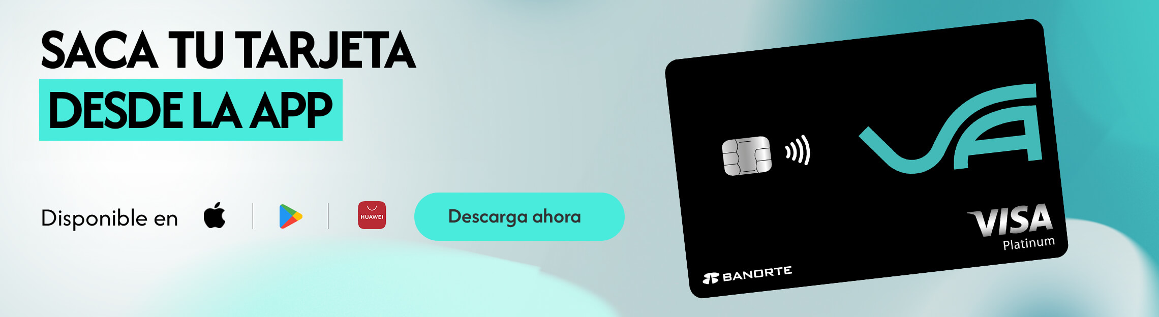 Texto, saca tu tarjeta, texto desde la app, texto descarga ahora, logo Apple, logo Play Store, tarjeta, crédito